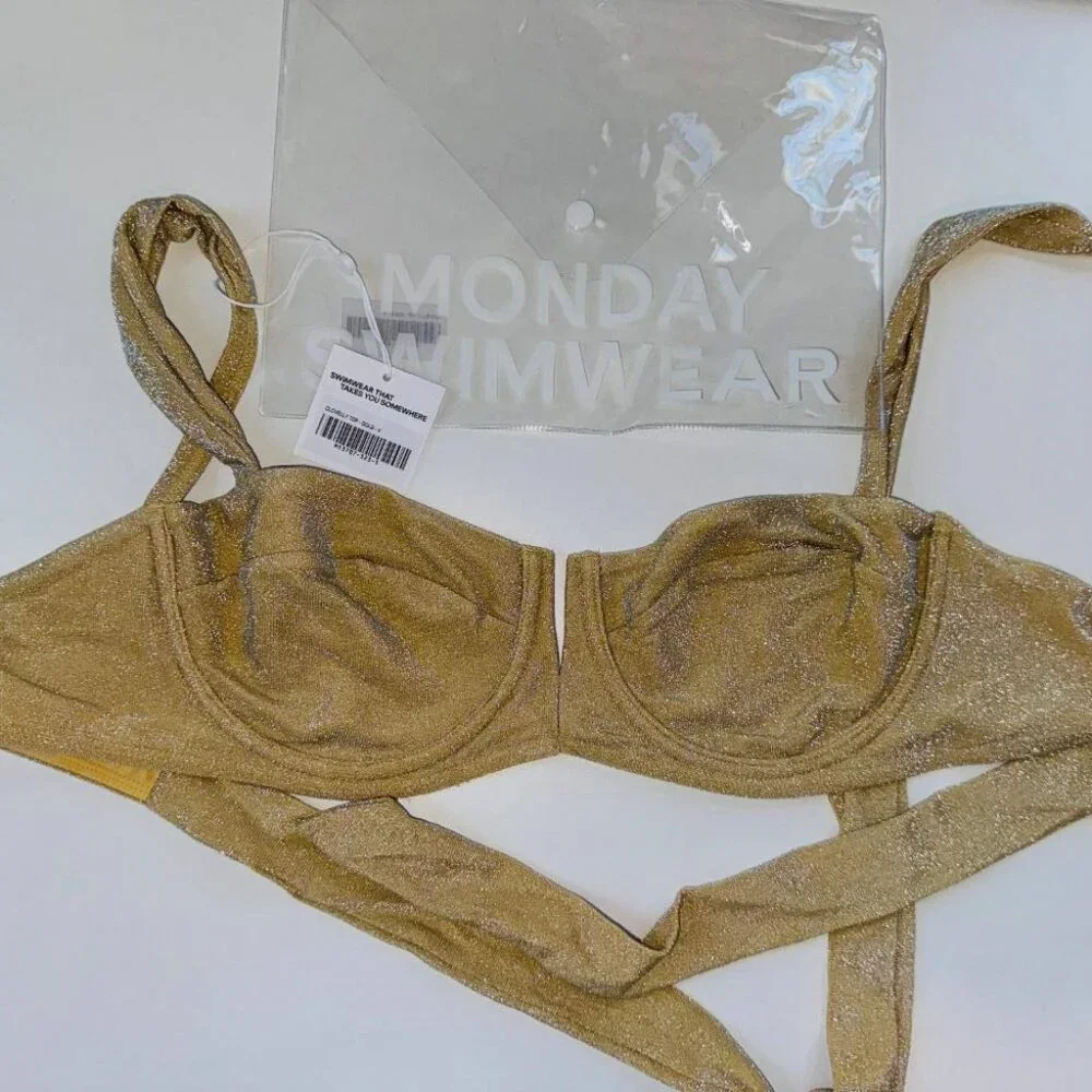 Monday Swimwear Gold Shimmer Wrap Bikini Top Size V